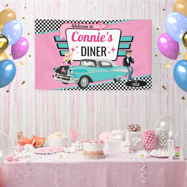 Lona Fiesta de Cumpleaños Retro Diner de los 50 con Coc (Birthday Diner Banner)