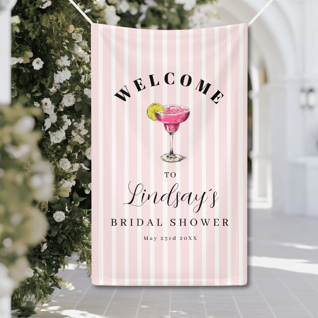 Lona Fiesta de Despedida de Soltera Cóctel de Raya Rosa (Pink Stripe Cocktail Bridal Shower Party Banner)