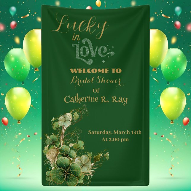 Lona Fiesta de Despedida de Soltera Lucky in Love Gold  (Lucky in Love Gold Shimmer Shamrock Bridal Shower Banner)