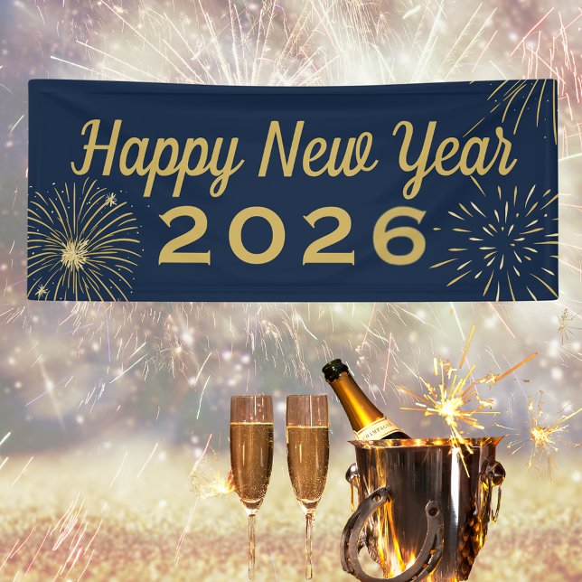 Lona Fiesta de Feliz Año Nuevo 2025 de Fireworks Gold B (Fireworks Gold Blue 2026 Happy New Year Party Banner
)