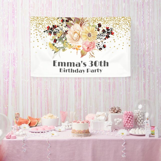 Lona fiesta de flores rosadas, elegante Banner de cumpl (Fiesta)