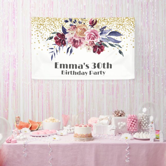 Lona fiesta de flores rosadas, elegante Banner de cumpl (Fiesta)