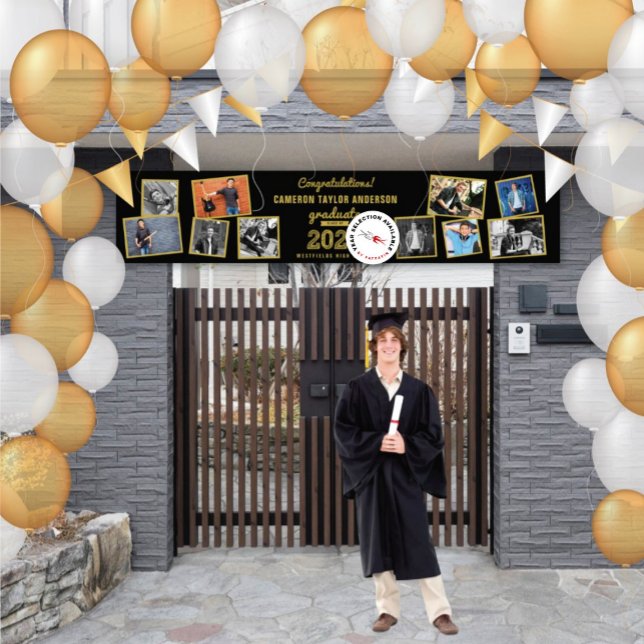 Lona Fiesta de Graduación Collage de 10 Fotos Boceto Do (20YY Black And Gold Sketch 10 Photo Modern Graduation Party Banner @ www.zazzle.com/color_therapy)