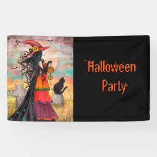 Lona Fiesta de Halloween Bruja y Gato Arte Fantástico