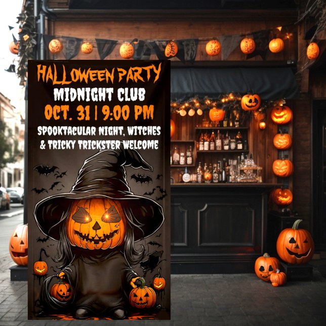 Lona Fiesta de la celebración de Halloween con vocabula (Pumpkin witch halloween party banner.)