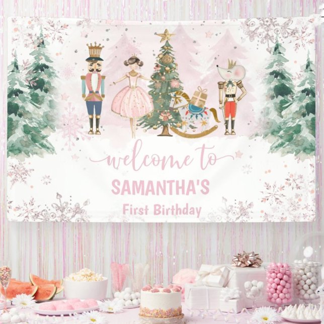 Lona Fiesta de la Pluma de Azúcar de Cumpleaños de Nutc (Nutcracker Sugar Plum Fairy pink Christmas winter birthday party banner)