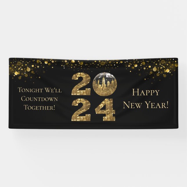 Lona fiesta de Nochevieja de 2024—Ball-NYC Gold- (Horizontal)