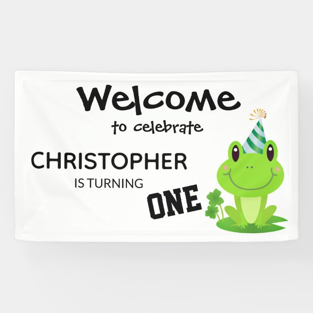 Lona Fiesta de rana Primer cumpleaños Swamp Green Frogg (Horizontal)