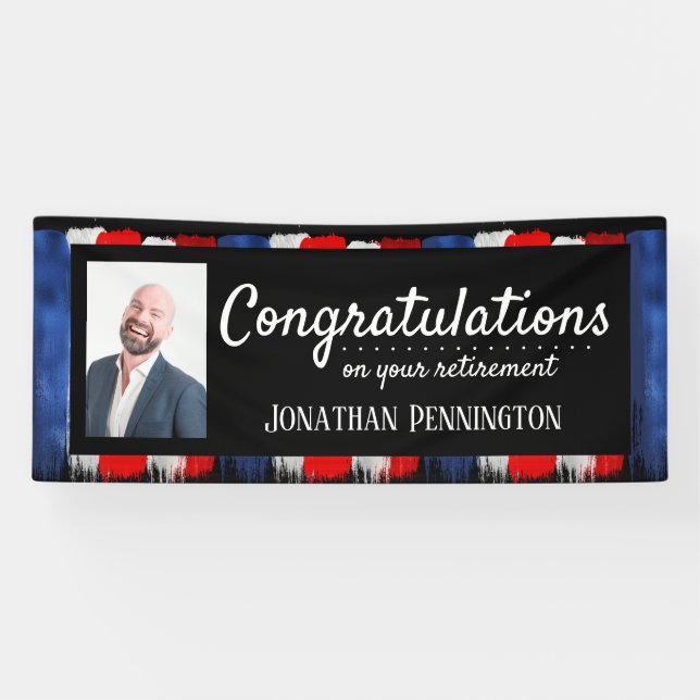 Lona Fiesta de retiro feliz Banner rojo blanco y azul (Horizontal)