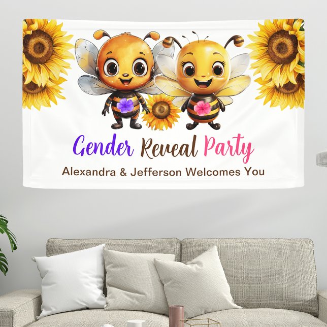 Lona Fiesta de Revelación de Género Bienvenida a Abeja (Gender Reveal Party He or She Baby Bee Welcome Banner)