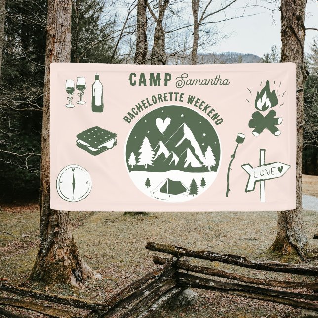 Lona Fiesta de Soltera en el Campamento Camping Bach Fi (Camp Bachelorette Party Camping Bach Weekend Pink Banner)