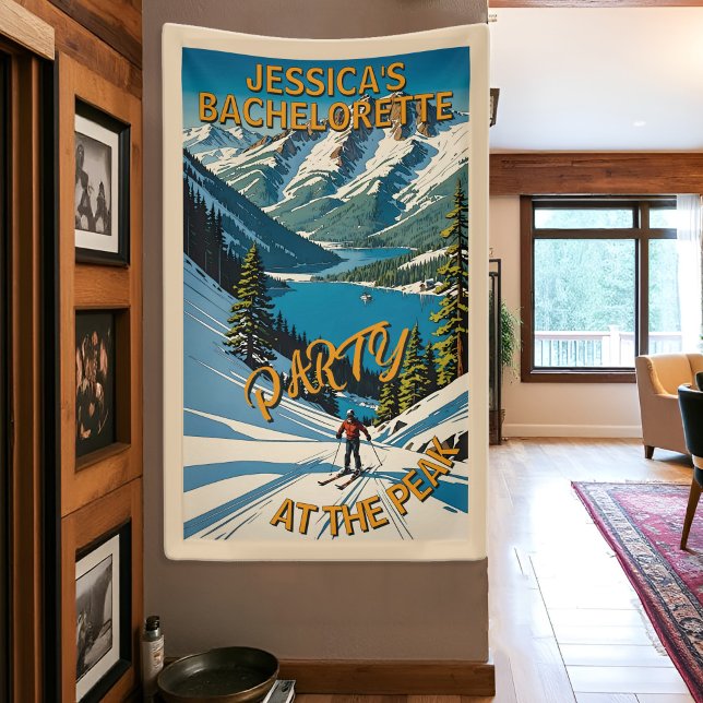 Lona Fiesta de Solteras Esquí en el Lago Tahoe Montaña  (Personalized bachelorette ski party banner with vintage Lake Tahoe art - "Party at the Peak")