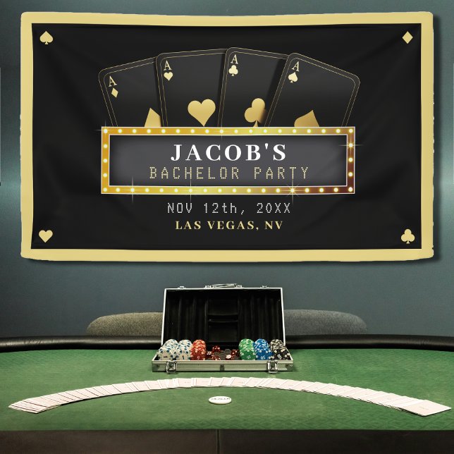 Lona Fiesta de Soltero Black & Gold Ases de Poker (Poker Aces Black & Gold Bachelor Party Banner
)