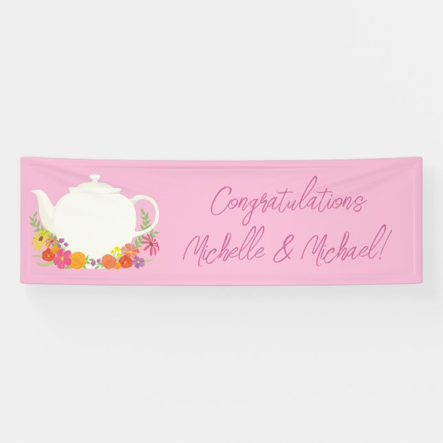 Lona Fiesta de té Baby Shower Teapot Chica rosado (Horizontal)