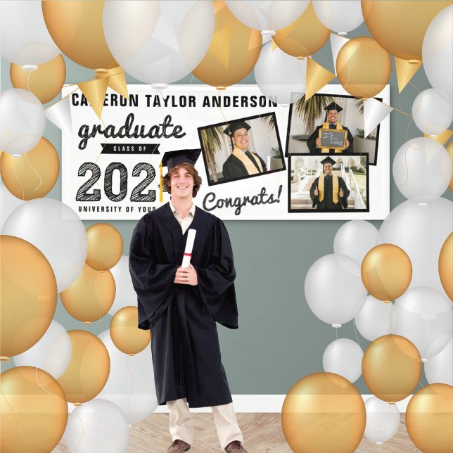 Lona fiesta De Tres Grados De Collage de fotos De Esboz (2024 White & Black Sketch 3 Photo, Modern Graduation Party Banner @ www.zazzle.com/color_therapy)
