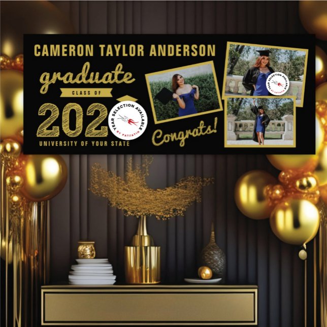 Lona fiesta De Tres Grados De Collage de fotos Gold Ske (20YY Black And Gold Sketch 3 Photo Modern Graduation Party Banner @ www.zazzle.com/color_therapy)
