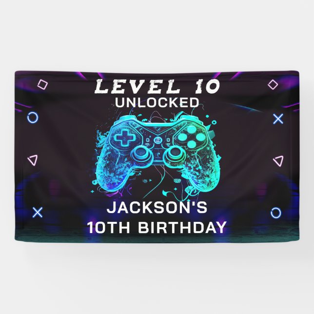 Lona Fiesta de videojuegos niños jugador de cumpleaños (Horizontal)