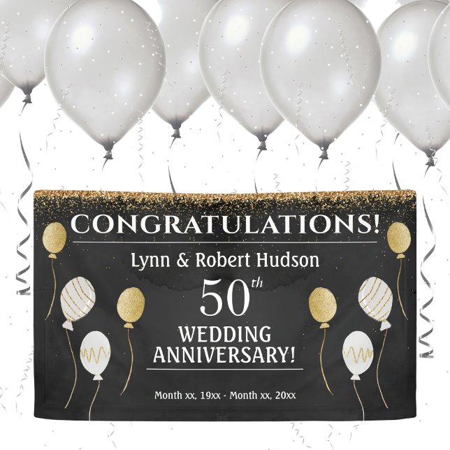 Lona fiesta del 50° Aniversario del Boda Golden (50th Wedding Anniversary, Gold, Black and White Banner)