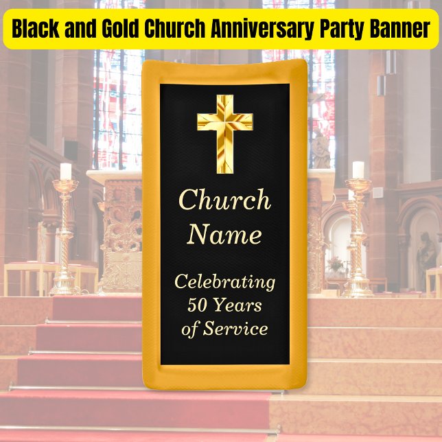 Lona Fiesta del aniversario de la Iglesia del Oro y el  (Black and Gold Church Anniversary Party Banner)
