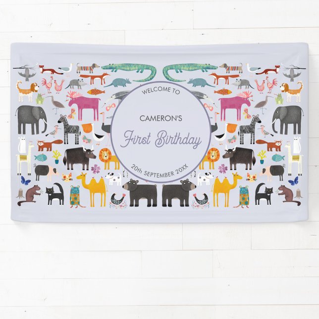 Lona Fiesta del primer cumpleaños de un animal personal (Fun animal menagerie personalized custom text first birthday party welcome banner)