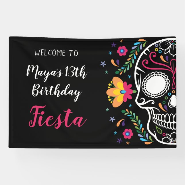 Lona Fiesta floral de calavera mexicana (Horizontal)