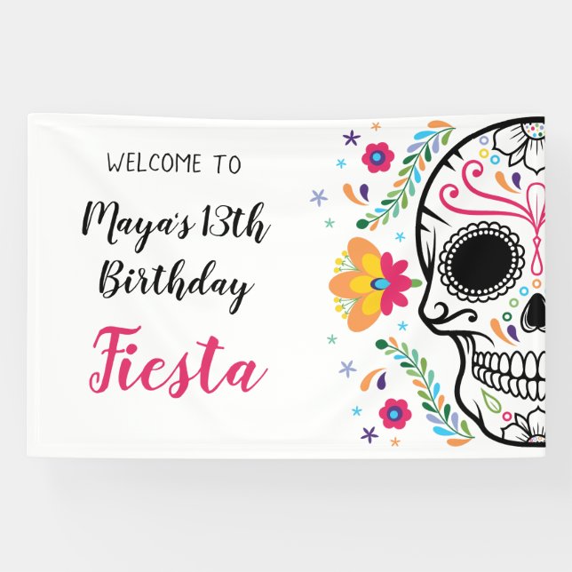Lona Fiesta floral de calavera mexicana (Horizontal)