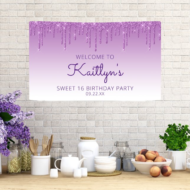 Lona Fiesta Glam Purple Glitter Drip Cumpleaños 16 (Subido por el creador)