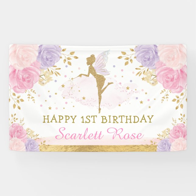 Lona Fiesta mágico de oro morado rosado de cumpleaños (Horizontal)