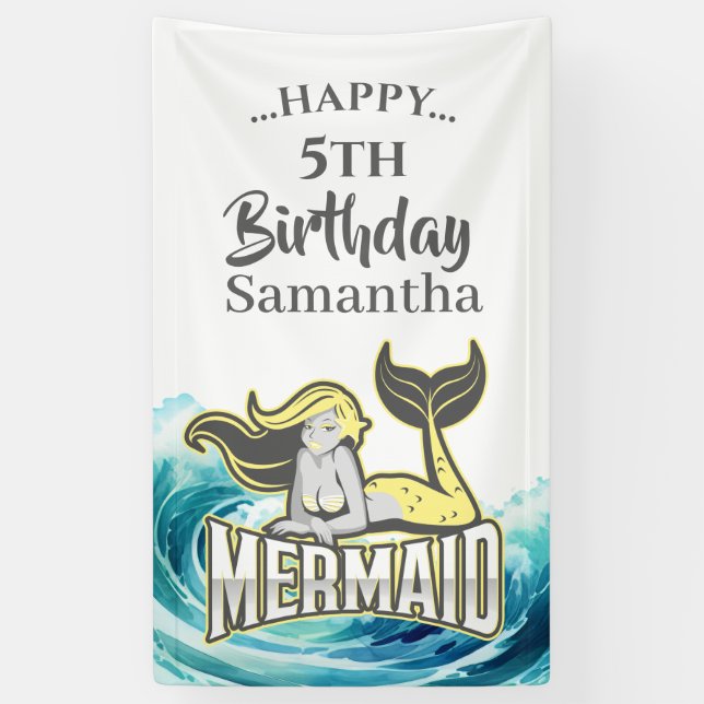 Lona FIESTA MERMAID Surf tema amarillo Banner (Vertical)