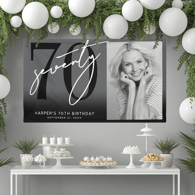 Lona Fiesta Moderna de Cumpleaños 70 de Color Negro (Modern Black 70th Birthday Party Banner)