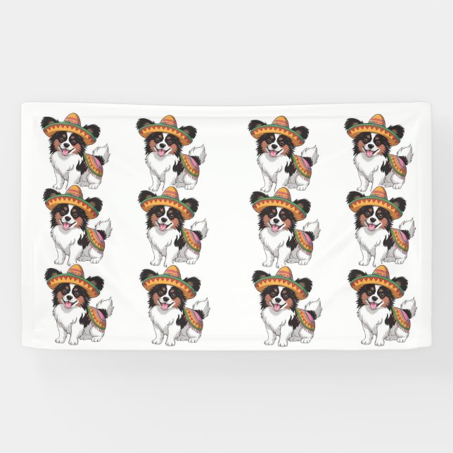 Lona Fiesta Papillon Dog con Sombrero y Sarape (Horizontal)