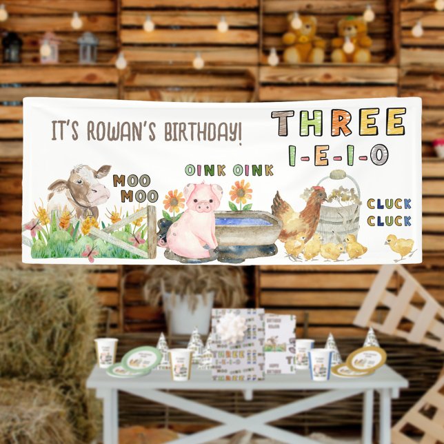 Lona Fiesta temática de la granja de cumpleaños de tres (Three-i-e-i-o nursery rhyme farm theme 3rd birthday party banner)