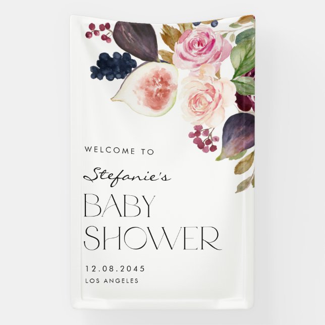Lona Figs de acuarela y Baby Shower con flores de berry (Vertical)