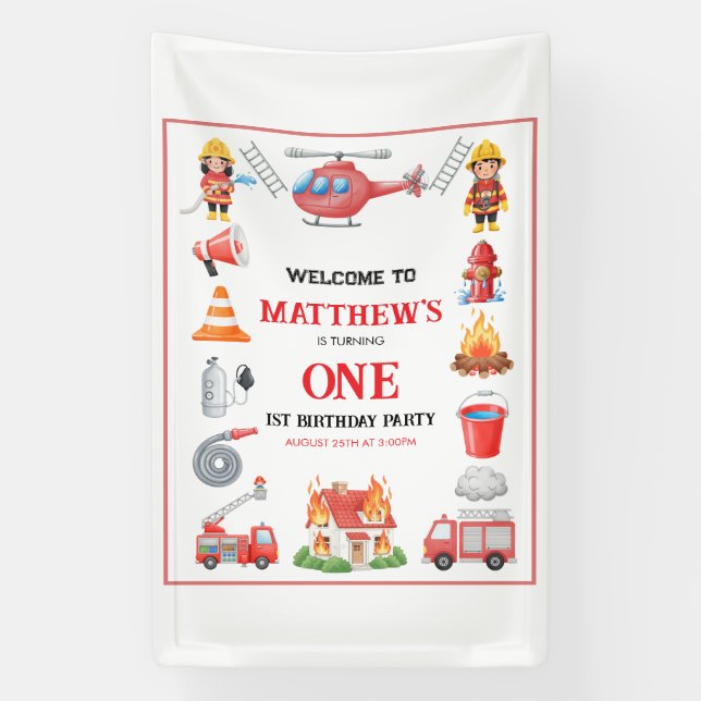 Lona Firetrucks Boy 1st Birthday | Cute Little party (Vertical)