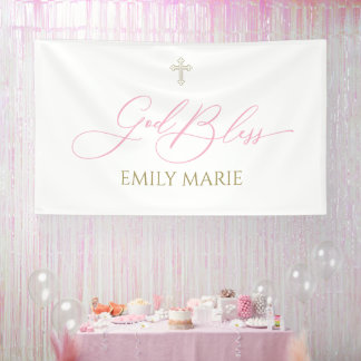 Lona First Communion God Bless Pink  banner backdrop 