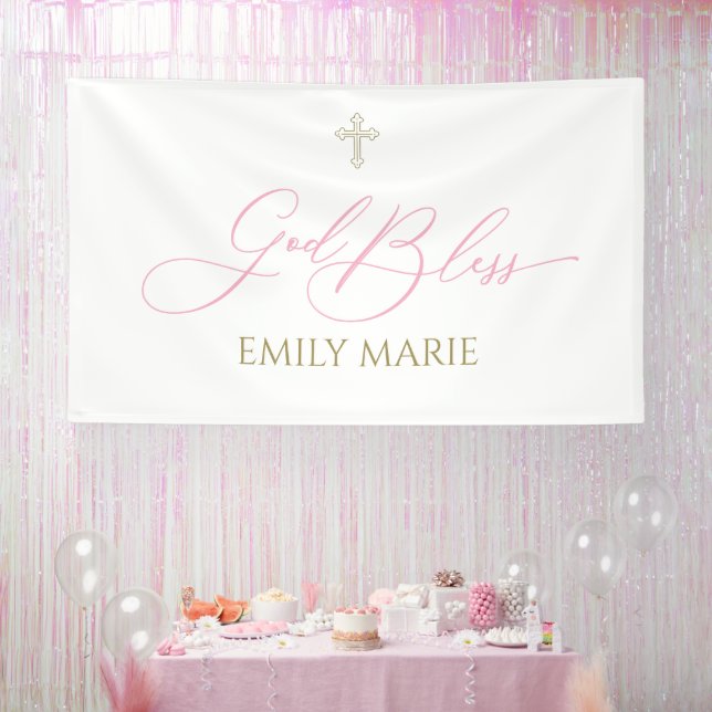 Lona First Communion God Bless Pink  banner backdrop  (Fiesta)