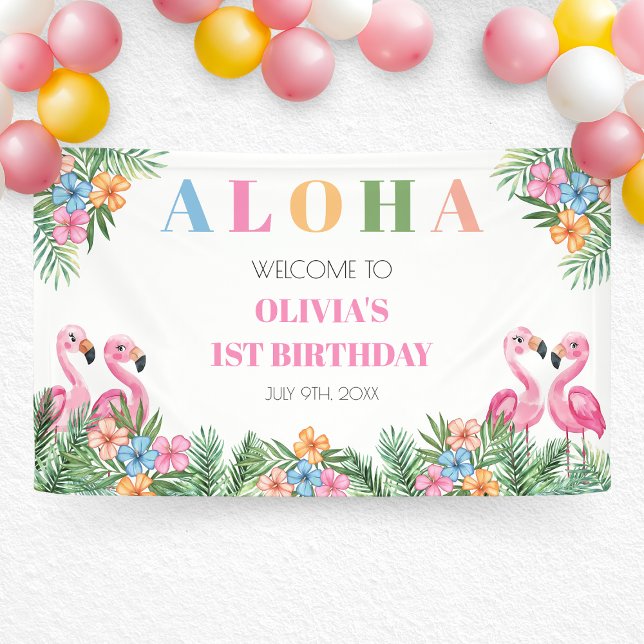Lona Flamingo Tropical Aloha Chica Primer Cumpleaños Bi (Tropical Flamingo Aloha Girl 1st Birthday Welcome Banner)