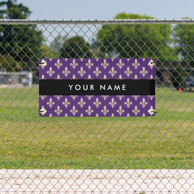 Lona Fleur de Lis, Beige on Purple, Royal, Your Name (in situ)