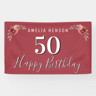 Lona Flor Floral Acuarela Roja Cumpleaños 50