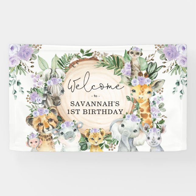 Lona Flor morada Safari salvaje Animales Bienvenidos al (Horizontal)