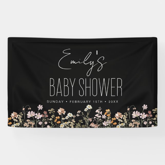 Lona Flor silvestre Boho Baby Shower negro moderno (Horizontal)