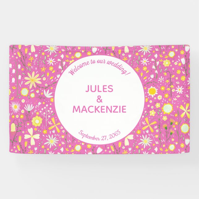 Lona Flor silvestre rosa brillante botánica floral (Horizontal)