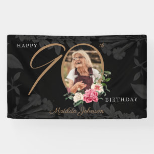 Lona Floral 90th Birthday Black Gold Personalizado Foto