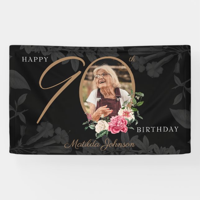 Lona Floral 90th Birthday Black Gold Personalizado Foto (Horizontal)