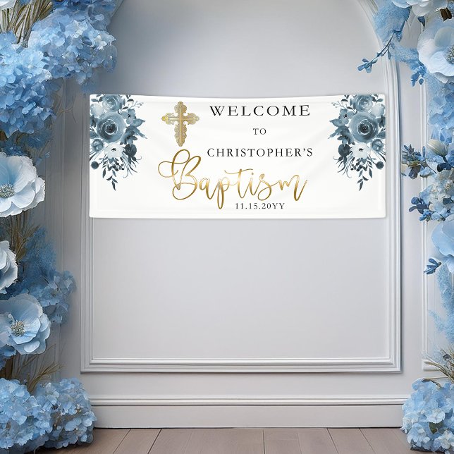 Lona Floral azul acuático | Faux Gold Boy Baptism (Elegant Blue Watercolor Floral Faux Gold Boy Baptism Banner)