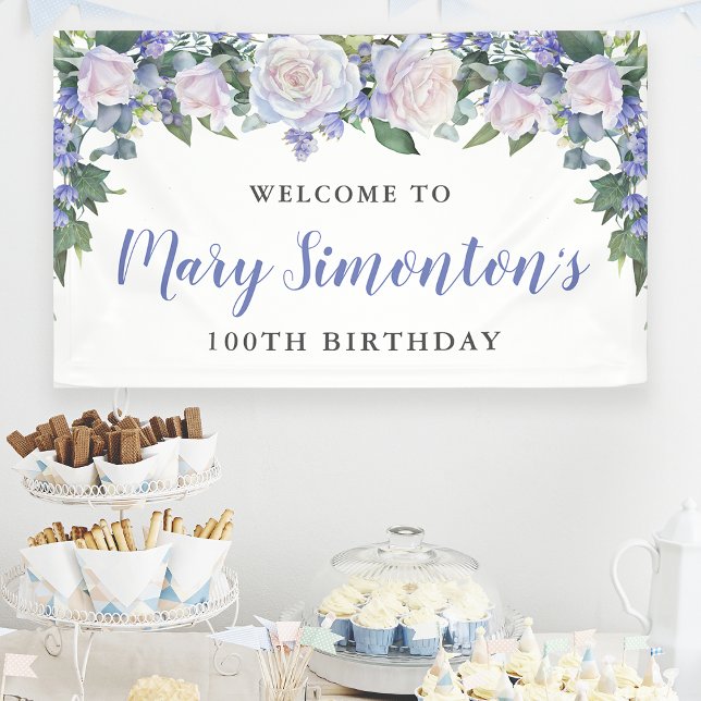 Lona Floral azul y blanca rustica 100 cumpleaños (Subido por el creador)
