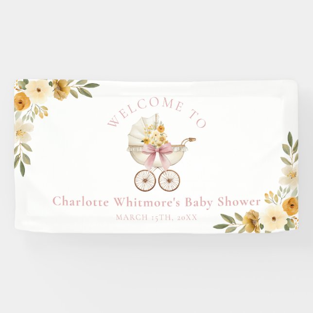Lona Floral Carriage Baby Shower Welcome Banner | Blush (Horizontal)