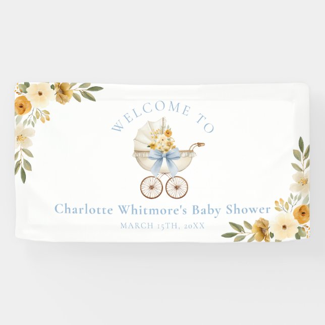 Lona Floral Carriage Welcome Banner | Baby Blue Shower  (Horizontal)
