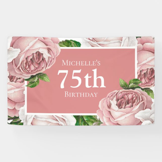 Lona Floral de cosecha rosa Rubor 75º cumpleaños (Horizontal)
