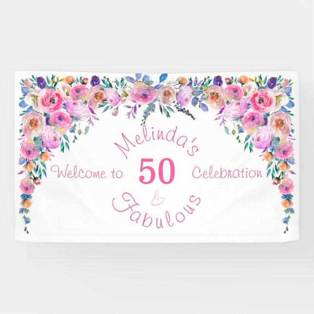Lona Floral Elegante 50 y fabuloso cumpleaños (Horizontal)